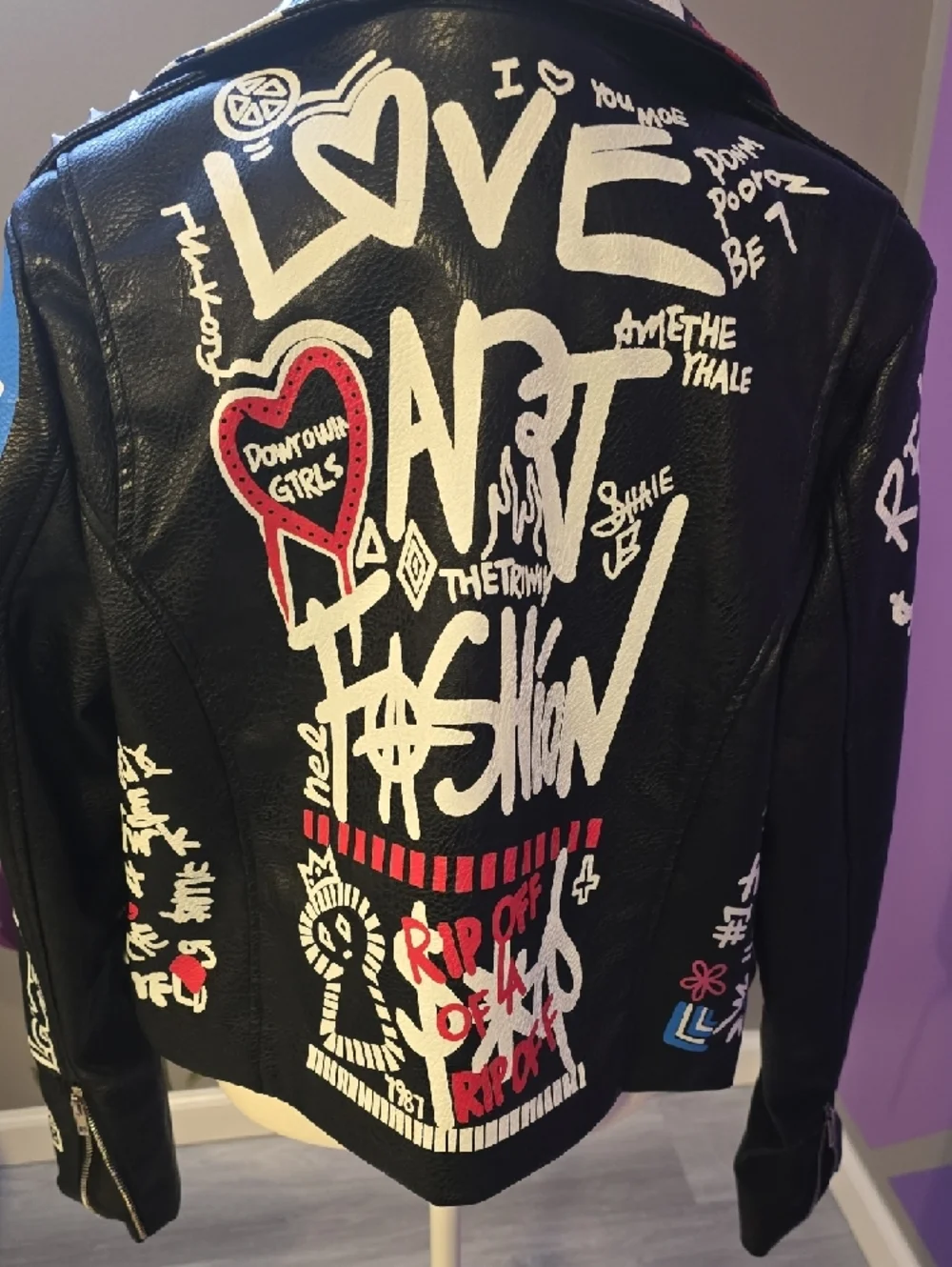 Painted Black Leather Biker Jacket with Multicolor Graffiti Accents - Picture 5 of 14